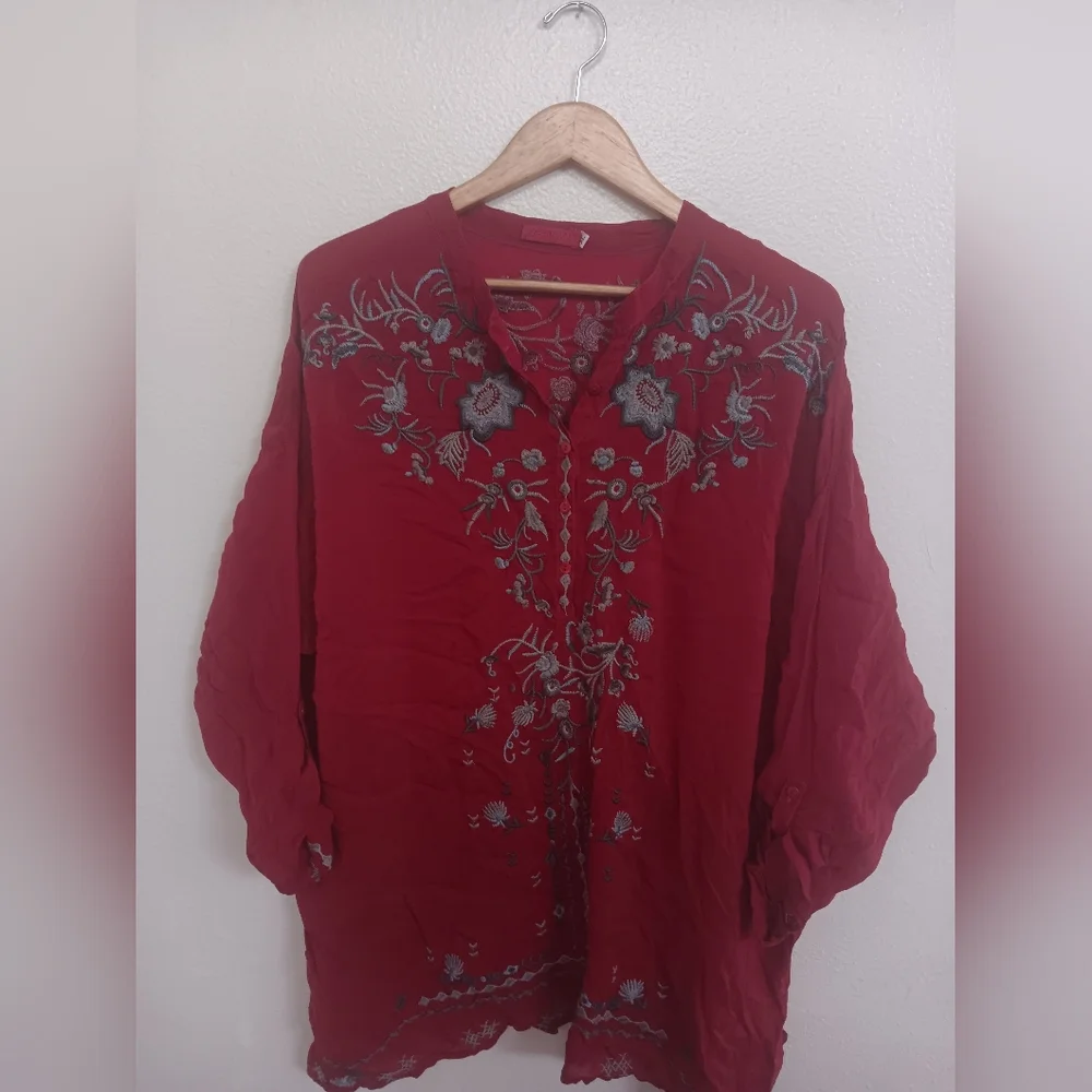 Johnny Was Crinkle Embroidered Floral Blouse - Picture 2 of 9